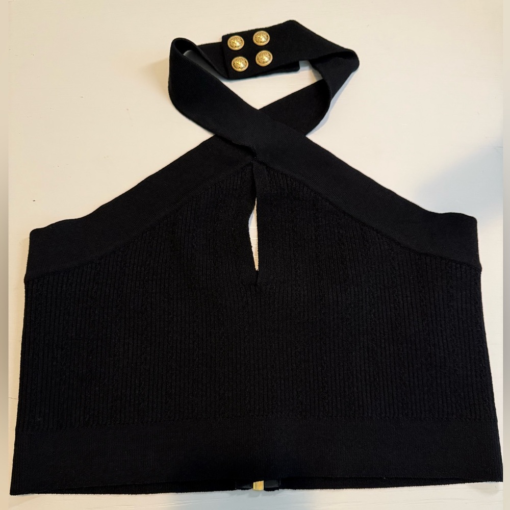 Balmain Black Halter Top with Gold Accents